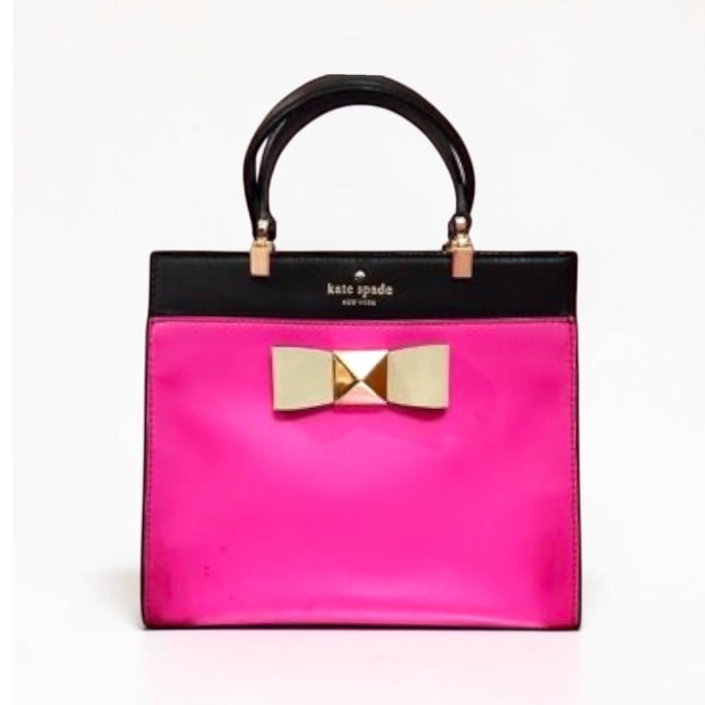 Kate Spade Park Avenue Beau Bow Classy Satchel Pink Black Leather Top Handle Bag